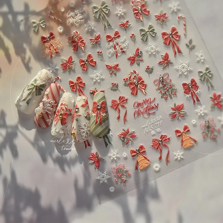 Shiny Laser Shell Red Green Flower Leaf Bows 5D Merry Christmas Nail Sticker Self adhesive Nail Decoration Decals Accessories