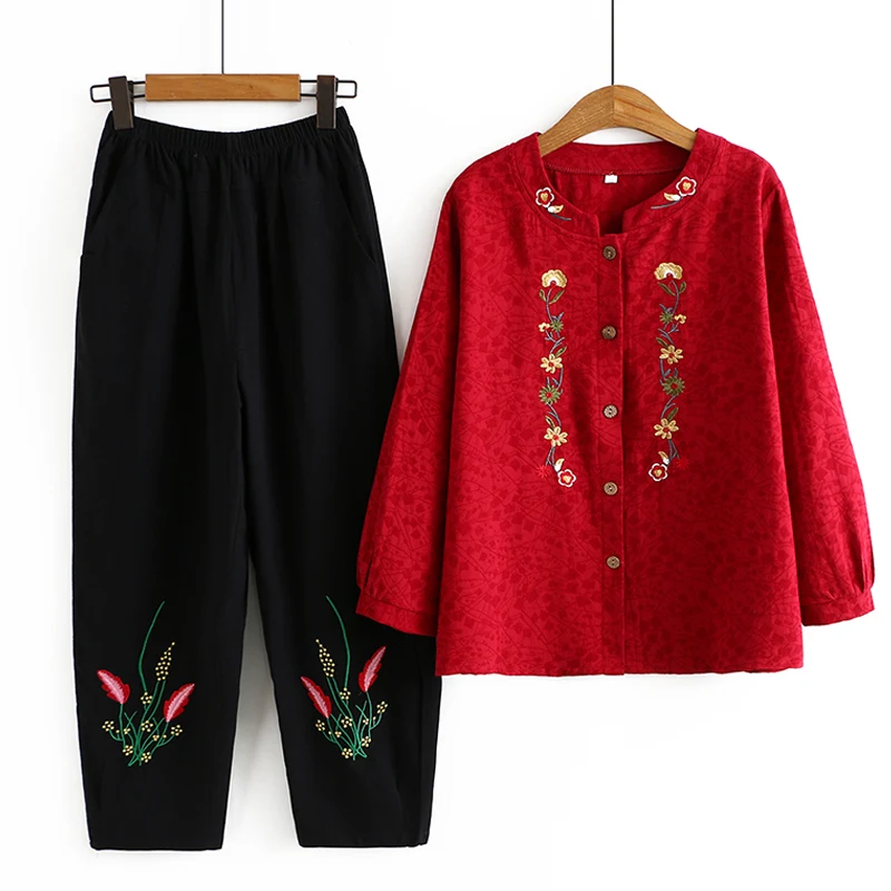 Mother Sets Spring Autumn Embroidery Cardigan Shirt +Black Pants Two Pieces Suit Elderly Grandma Blouse Blusa Tang Clothes 2PCS