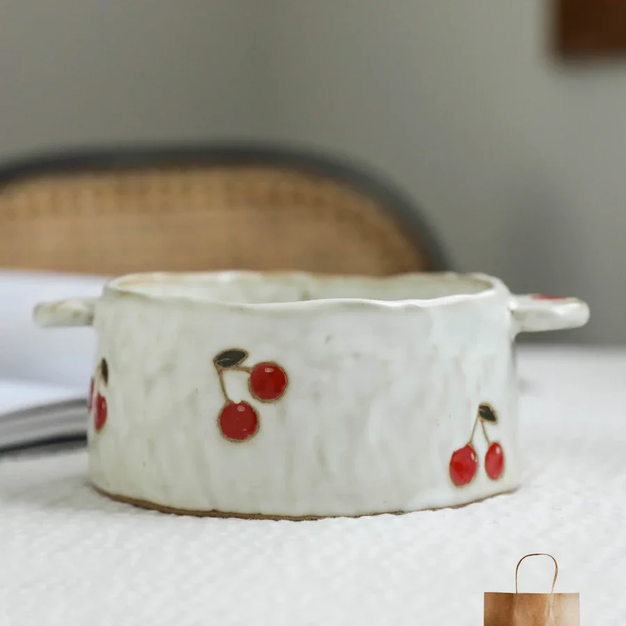 Handheld Ceramic Japanese Creative Bowl Canteen Large Noodle Bowl Rice Bowl Double Ear Cute Strawberry Cherry