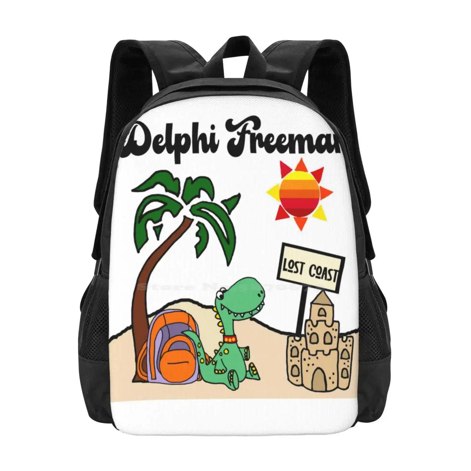 Delphi Freeman Lost Coast * Songart * Backpacks For School Teenagers Girls Travel Bags Beach Dinosaur T Rex Palm Tree