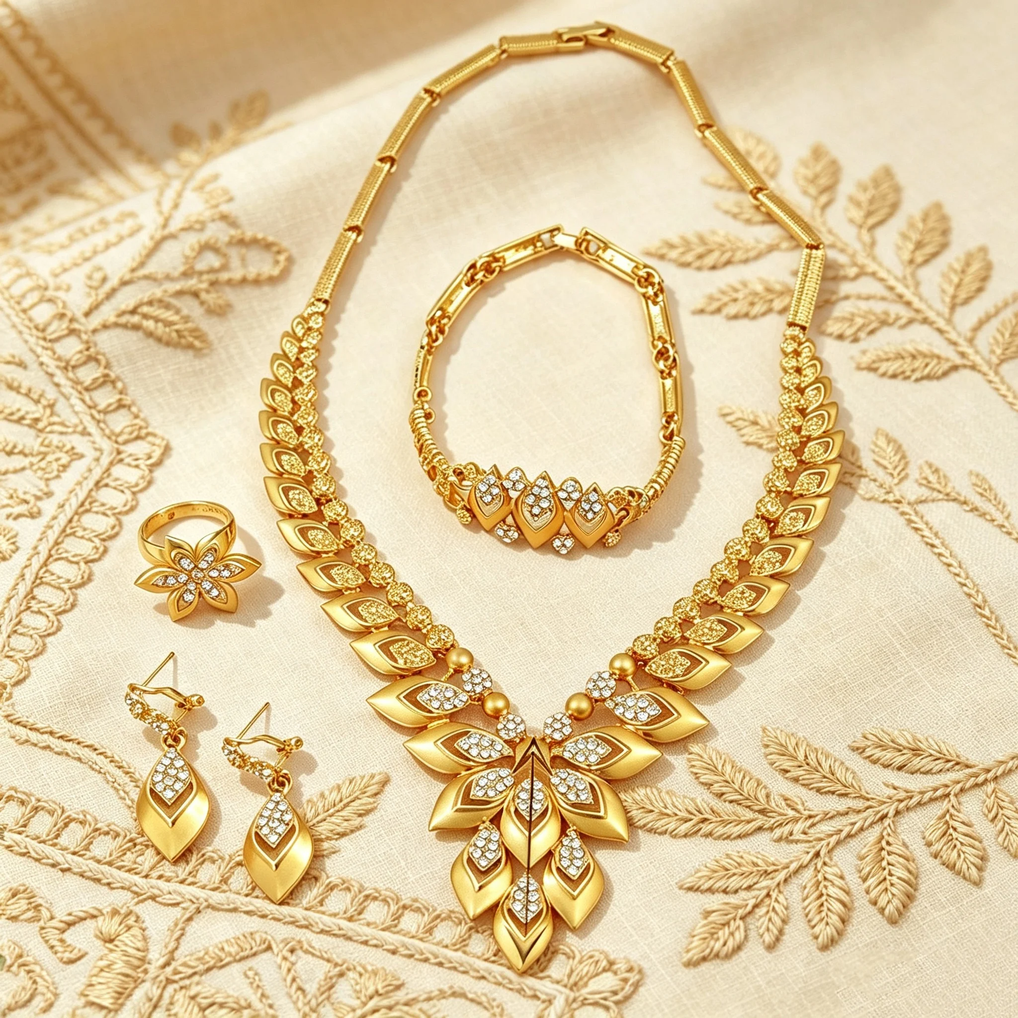 Exquisite Inlaid Crystal 4Pcs Gold Jewelry Set Bridal Decor Necklace Bracelet Earring Ring for Women Daily Wear