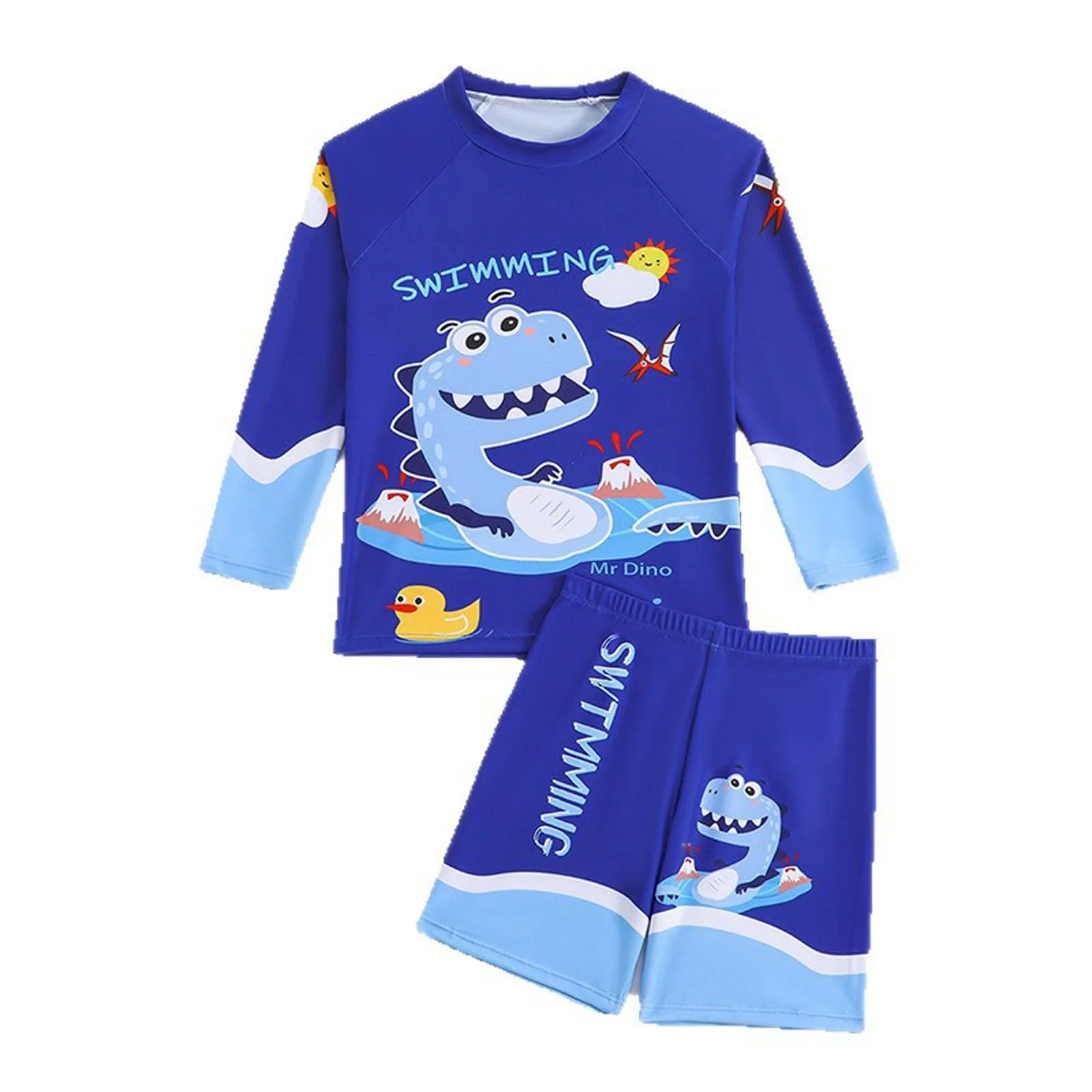 Boys Two Piece Rash Guard Swimsuits Cartoon-printed Long Sleeve Top with Shorts 2PCS Swimsuit for Water Park Splash Play Day