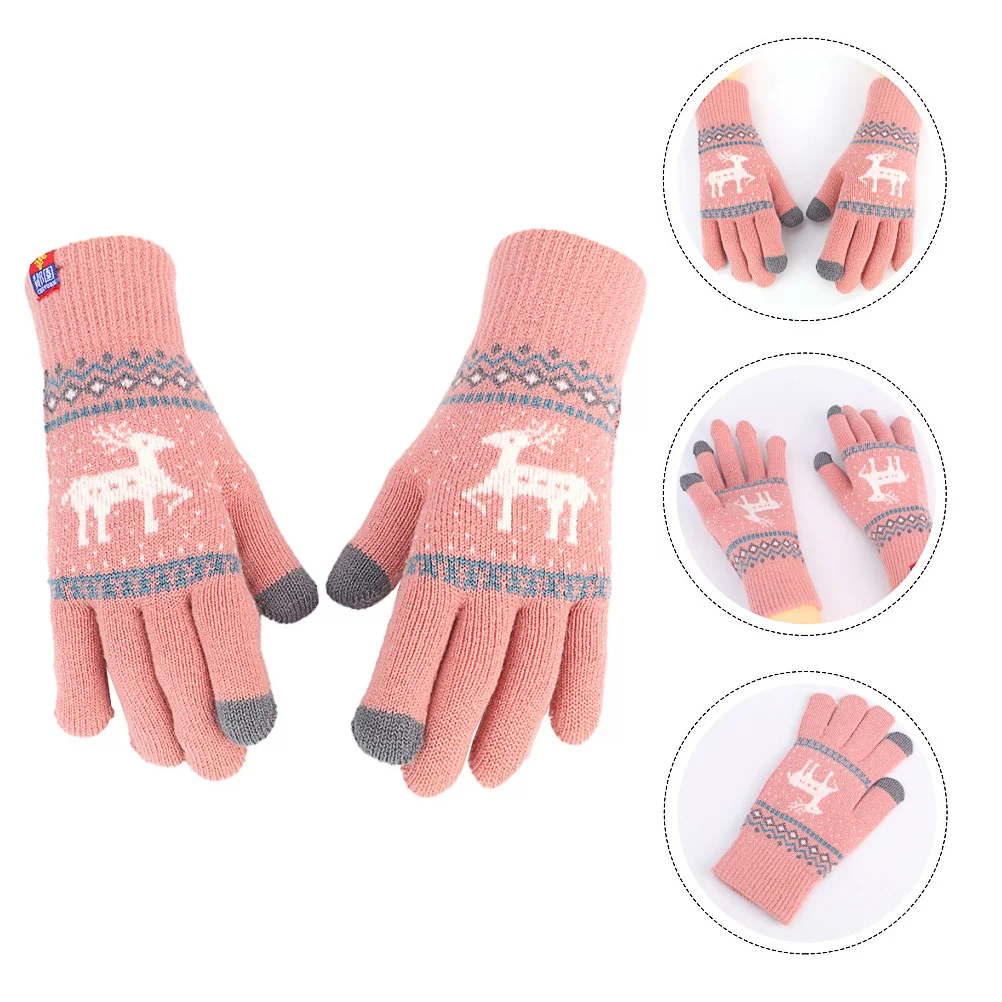 

1Pair Touch Screen Gloves Warm Knitted Women Gloves Full Finger Winter Protection Soft Comfortable Jacquard Pattern Christmas