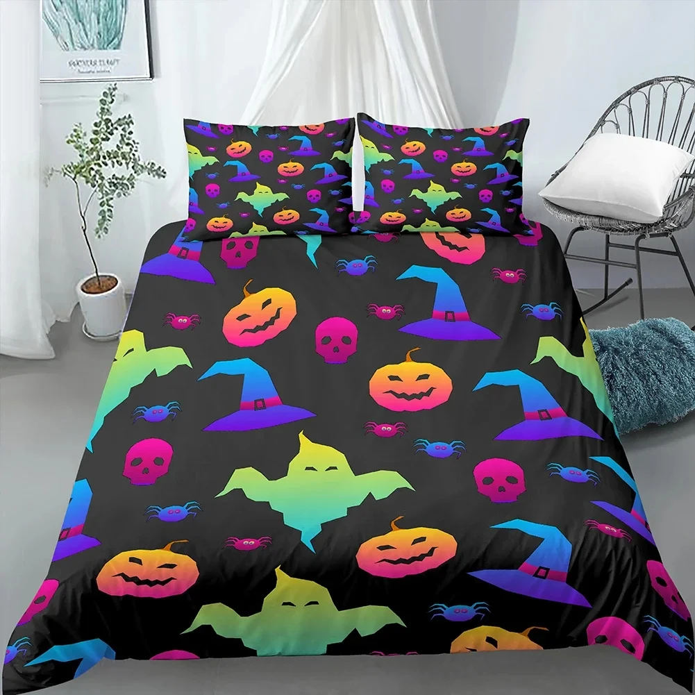 Happy Halloween King Queen Duvet Cover Orange Pumpkin Bedding Set Boys Teens Adults Bats Horror Festival Polyester Quilt Cover