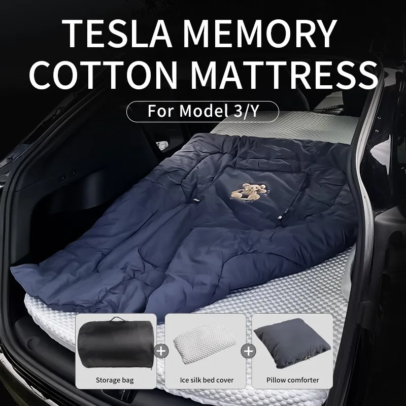 Portable Car Mattress Memory Foam For Tesla Model Y 2024 2023 Outdoor Camping Flocking Surface Sleeping Car Interior Accessories