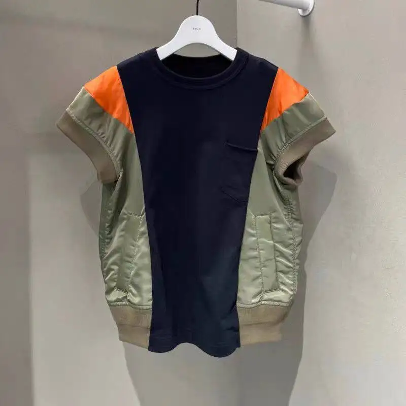 SAC summer Japanese loose splicing contrasting color short-sleeved thin color matching casual T-shirt