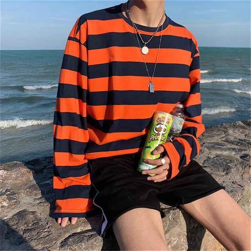 Classic and Versatile Autumn Fashion Men's Striped T-shirt Classic Hip-hop Casual Top Women's Loose Top  White T-shirt