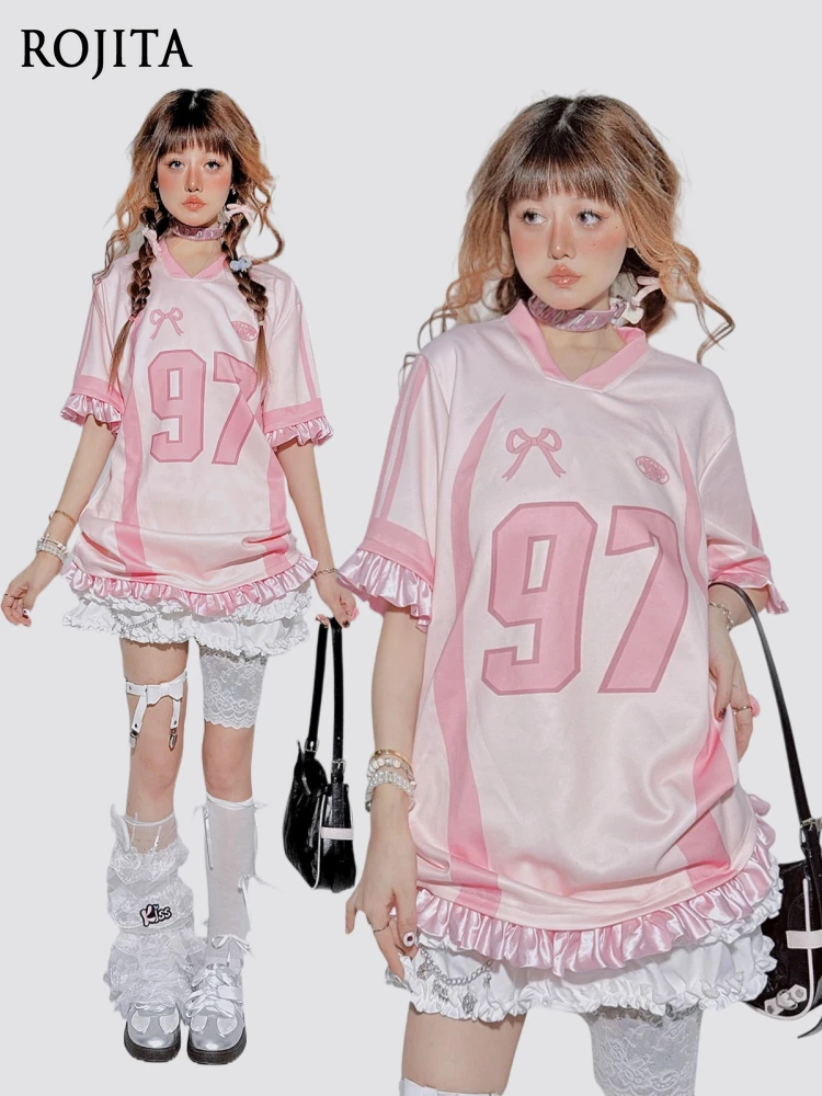 

Original Design Ruffled Splicing T-shirt Women's Summer New Pink Top 2025 New V-neck Sports Jersey Loose Short-sleeved Top