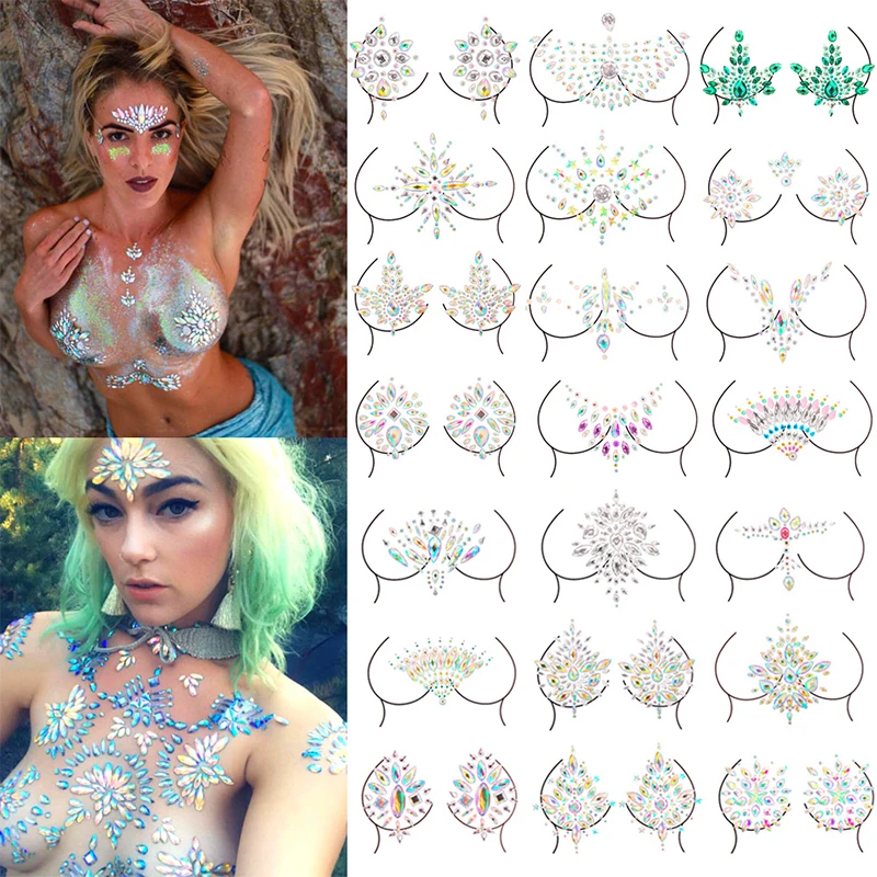 Breast Jewels Tattoo Rhinestone Chest Sticker Temporary Tattoo Glitter Breast Body Gems Tattoo Sticker Body Decor Jewel Paste