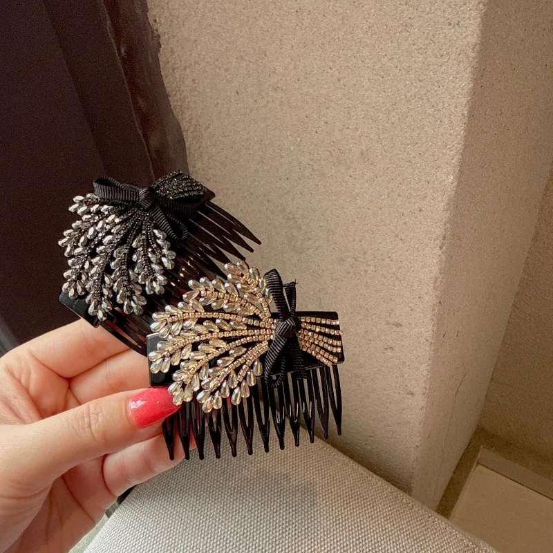 7cm Korean Fashion Wheat Ear Crystal Inverted Hair Comb Vintage Crystal Bow Hair Comb Elegant Rhinestone Hairpin for Women