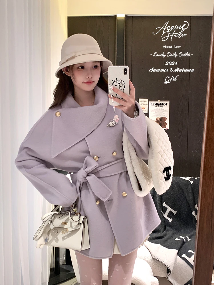 

Двустороннее шерстяное пальто Acaine с поясом, корейский стиль, женская зимняя модная верхняя одежда, элегантное пальто с отложным воротником