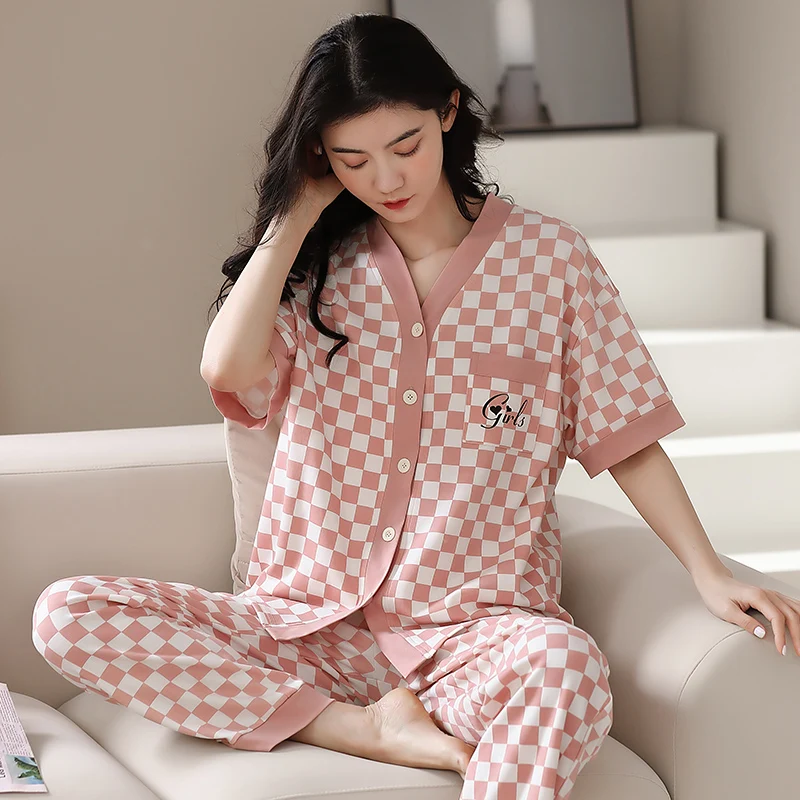 Summer 100% Cotton Pajamas Women Short Sleeved Home Service Women's Simple Loose Casual Suit Large Size 2XL