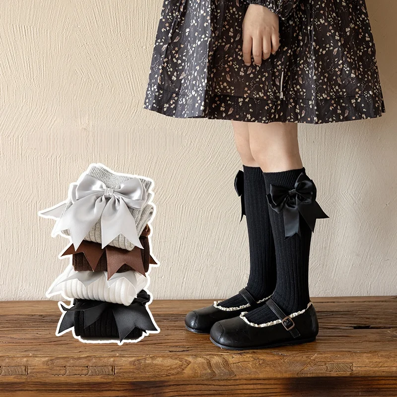 1 pairs Kids Calf Socks 33CM Large Bow Solid Color Anti-Pilling Cotton Spring Girls Socks Stretchy Non-Slip One Size