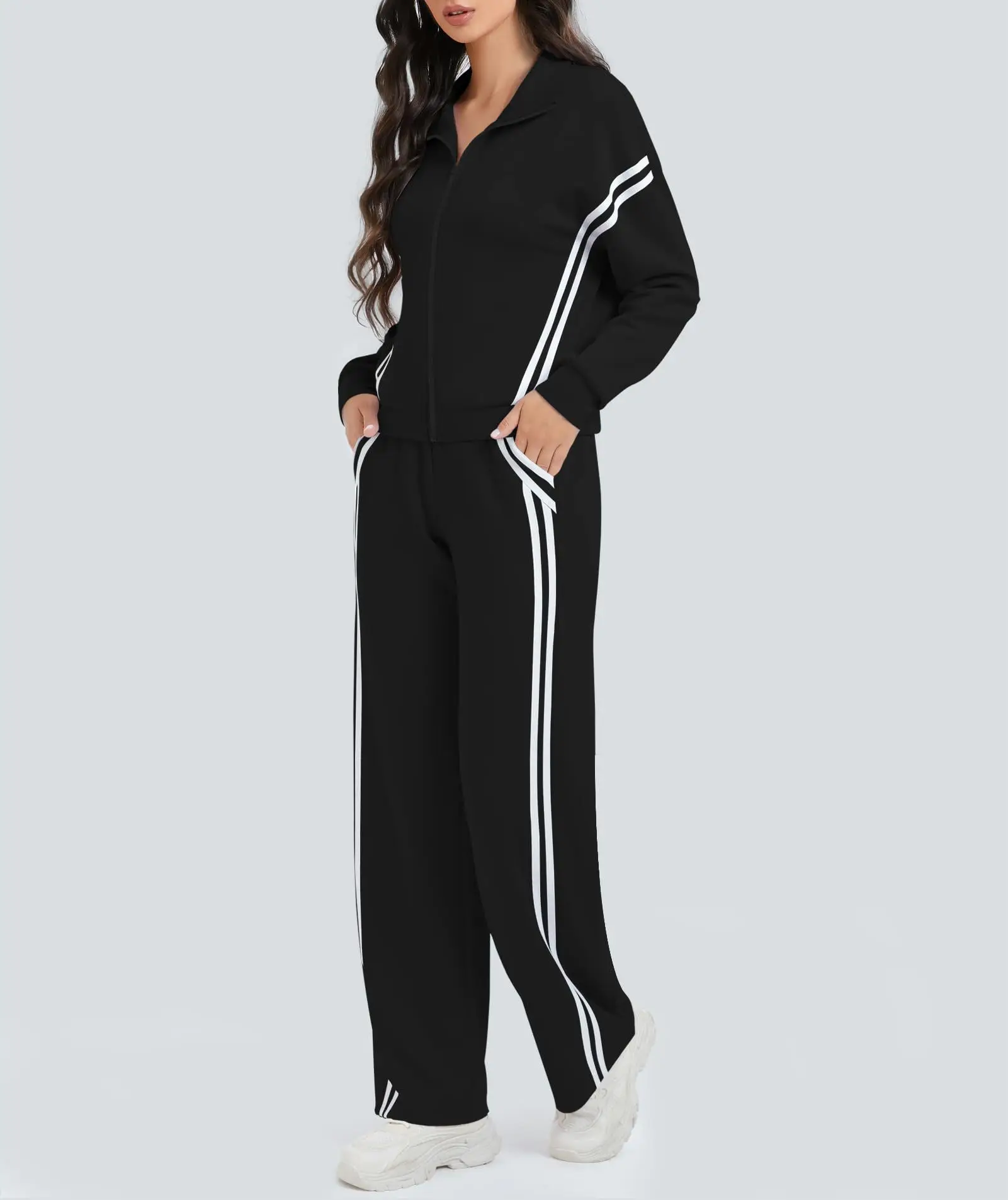 

Women's Sportswear Autumn Winter Striped Fashion Casual Loose Trousers Suit Long-sleeved Zipper Cardigan Trousers Two-piece Set
