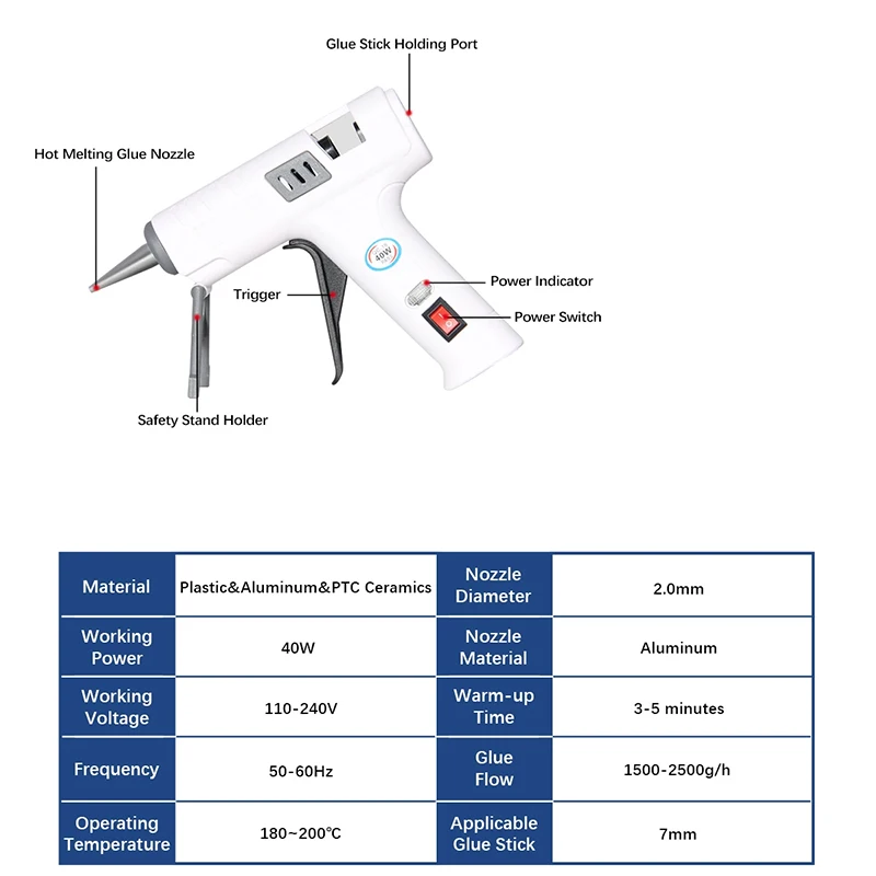20W High Temp Heater Melt Hot Glue Gun Glue Sticks Optional Base Heat Mini Gun
