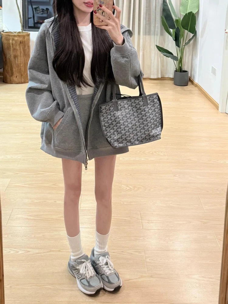 

Gray Hoodie Zipper Women's Loose Lazy Plaid Shirt Korean Style Commute Wind Autumn Season Fashion Casual Outerwear