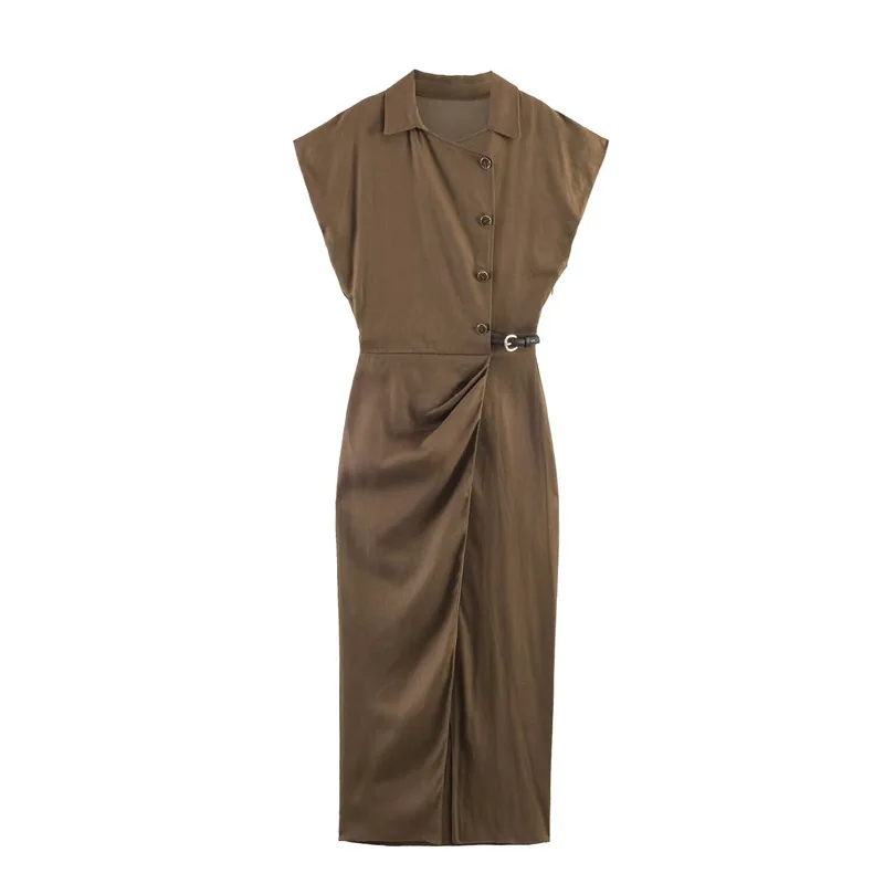 

Withered Casual Slim Fit Waist Belt Blended Midi Dress Woman Clothes Dress Elegant Party Dresses Vestidos Women's Dress