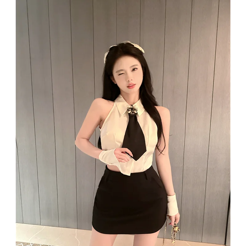 2023 Women's Clothing Shirt French Simple Lapel Irregular Necktie Top Design Satin Slim and Versatile Short Hot Girl Sexy Blouse