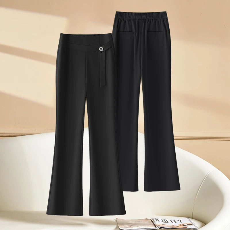 Casual micro flared pants for women high waisted 2025 spring new style elastic waisted decorative buckle work pants apricot