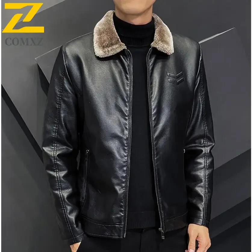 Winter Fashion Warmth Thickened Leather Jacket Lapel Solid Zipper Design Plus Size 4XL-M WorkCoat Men\'s Leather Jacket