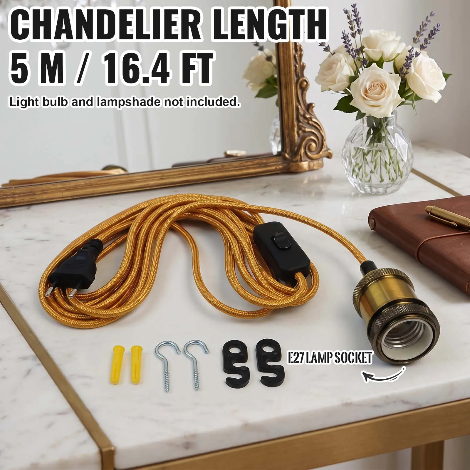 Industrial Pendant Lamp Cord, Gold Braided Wire, E27 Socket, EU Plug, Retro