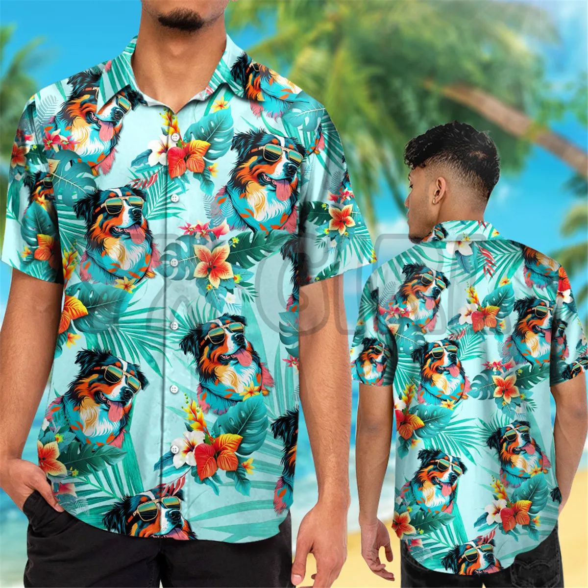 Australian Shepherd Dog Wearing Sunglass Hawaiian Set 3D Printed Hawaiian Shirt+Beach Shorts Men Love Dog Gift