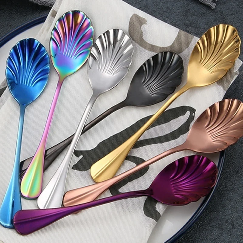 Shell Shape Stainless Steel Spoon with Long Handle Restaurant Dessert Spoon Ice Cream Scoops Kitchen Accessories  Tiny Spoon