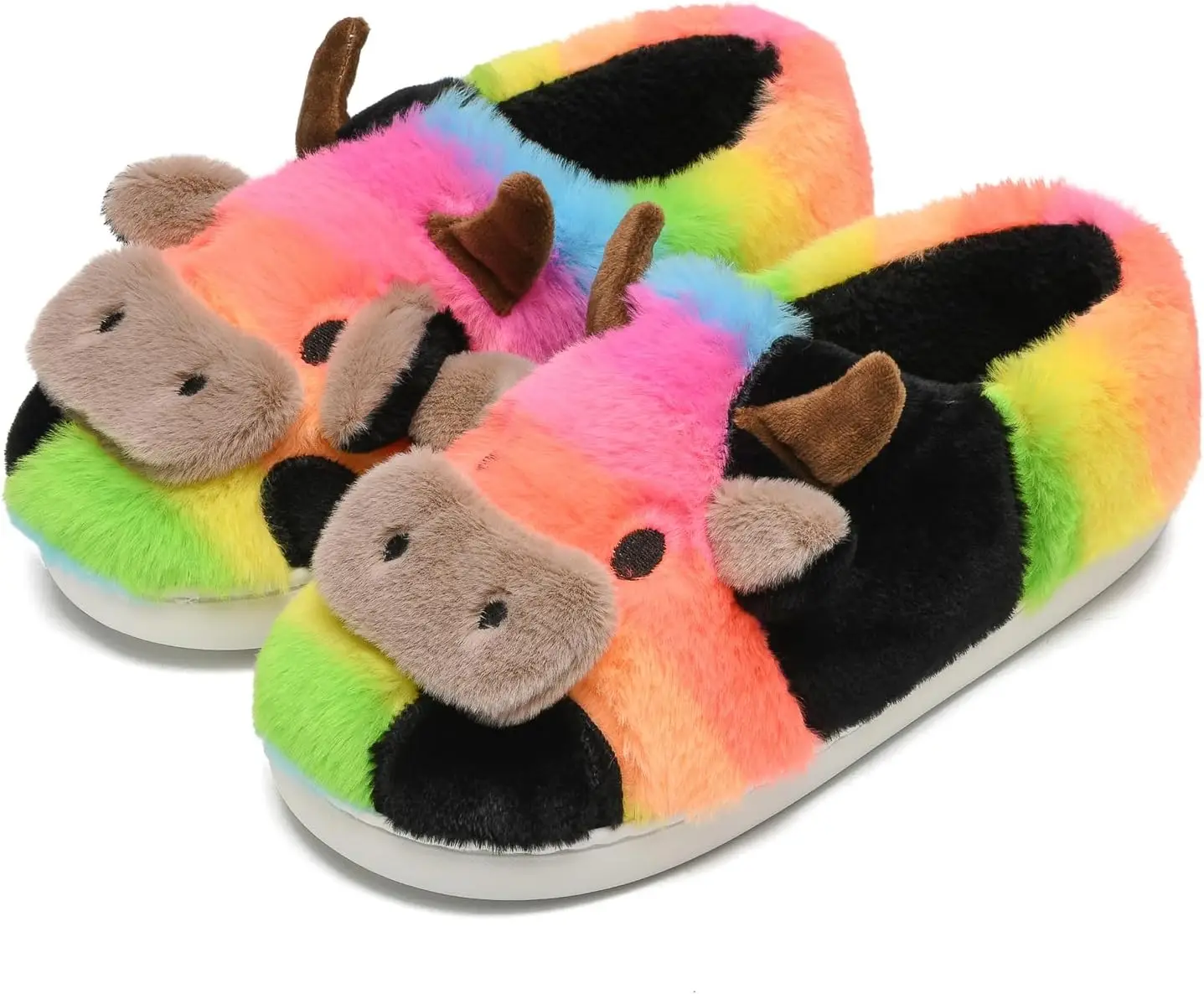 Fluffy Cow Slippers, Novelty Cute Animal Slippers for Women Fuzzy Plush Winter Warm Cotton Shoes for Men House Indoor&Outdoor