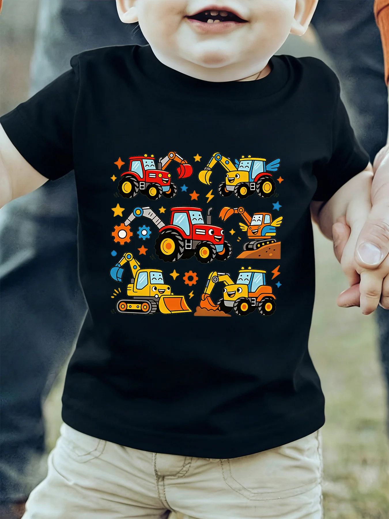 Cute Cartoon Excavator Tractor Construction Vehicle Graphic Kids T Shirt Boys Girls Family Matching Summer Crew Neck Casual Tee