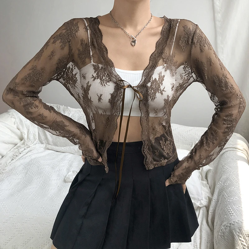 Rapcopter y2k Lace Floral Cardigans See Through Thin V Neck Tie Up Vintage T Shirt Grunge Harajuku All Match Crop Top Korean Tee