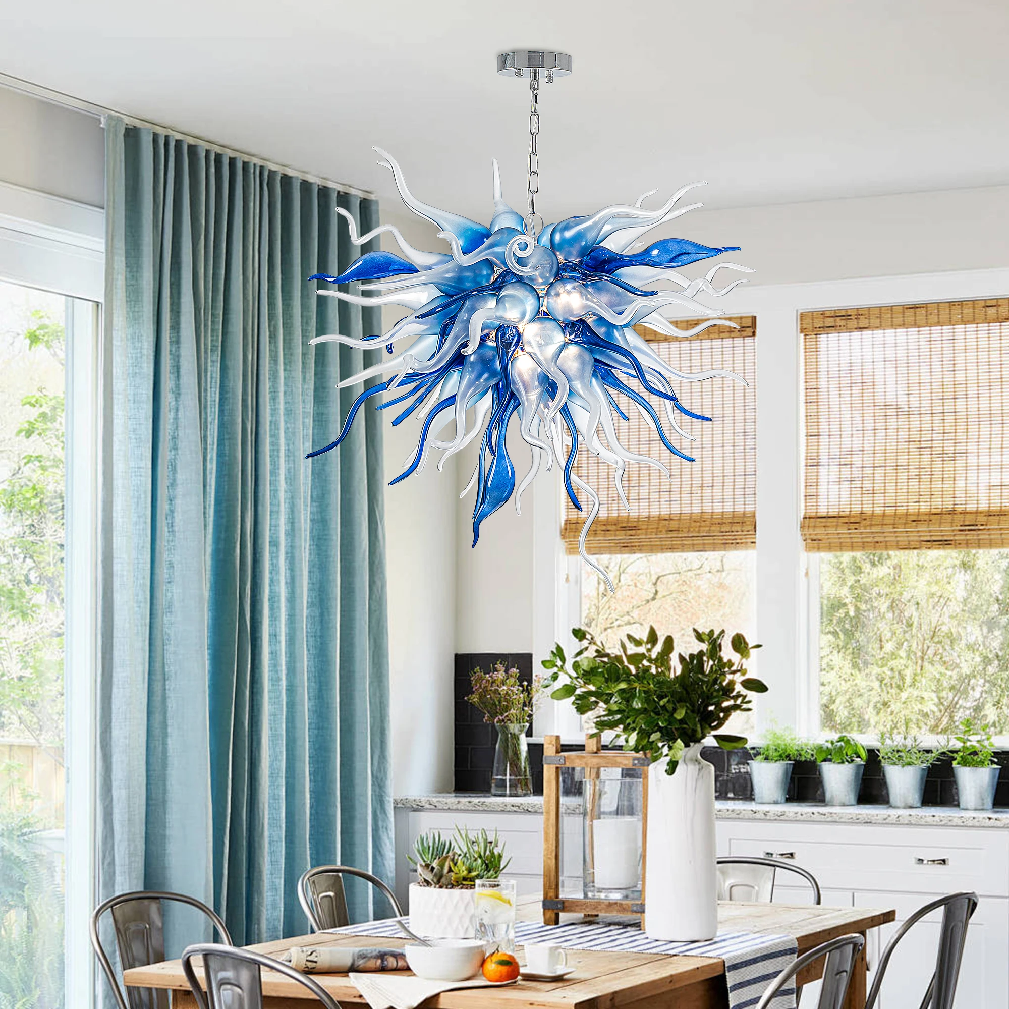 LONGREE Luxury Blue Chandeliers Handmade Blown Glass Ceiling Lights Hanging Lamps for Home