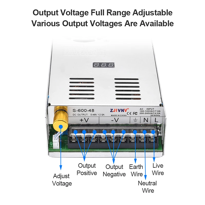600W Switching Power Supply with Digital Display AC-DC Voltage Adjustable CC CV SMPS for Security and Surveillance Field S-600