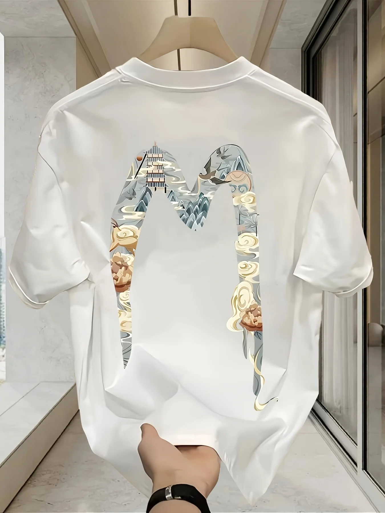 Oriental Landscape Letter Graphic Print 100% Cotton Mens T Shirt for Summer Streetwear Great Fans of Traditional Style Designs