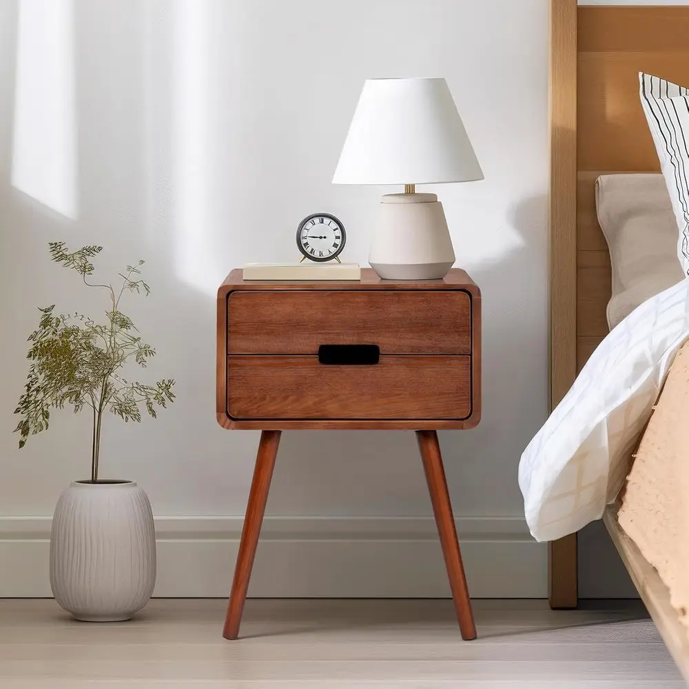 

Scandinavian-Style Solid Wood Nightstand with 4 Legs, 2 Drawers, Brown Finish