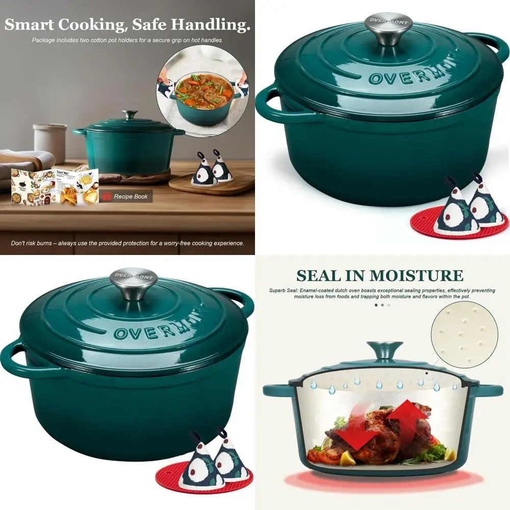 

5.5-Quart Enamel-Coated Cast Iron Dutch Oven Set with Lid and Cotton Potholders - Ideal for Braising, Stews, Roasting, and Bread