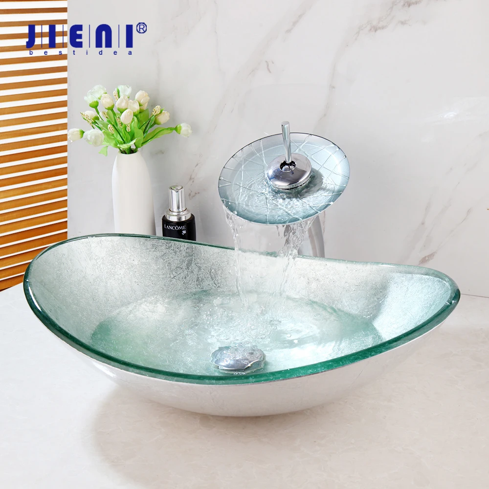 JIENI Silver Hand-Paint Art Round Bathroom Glass Basin Sink Faucet Round Basin Bath Vanity Chrome Brass Faucet Set Tap Mixer Set