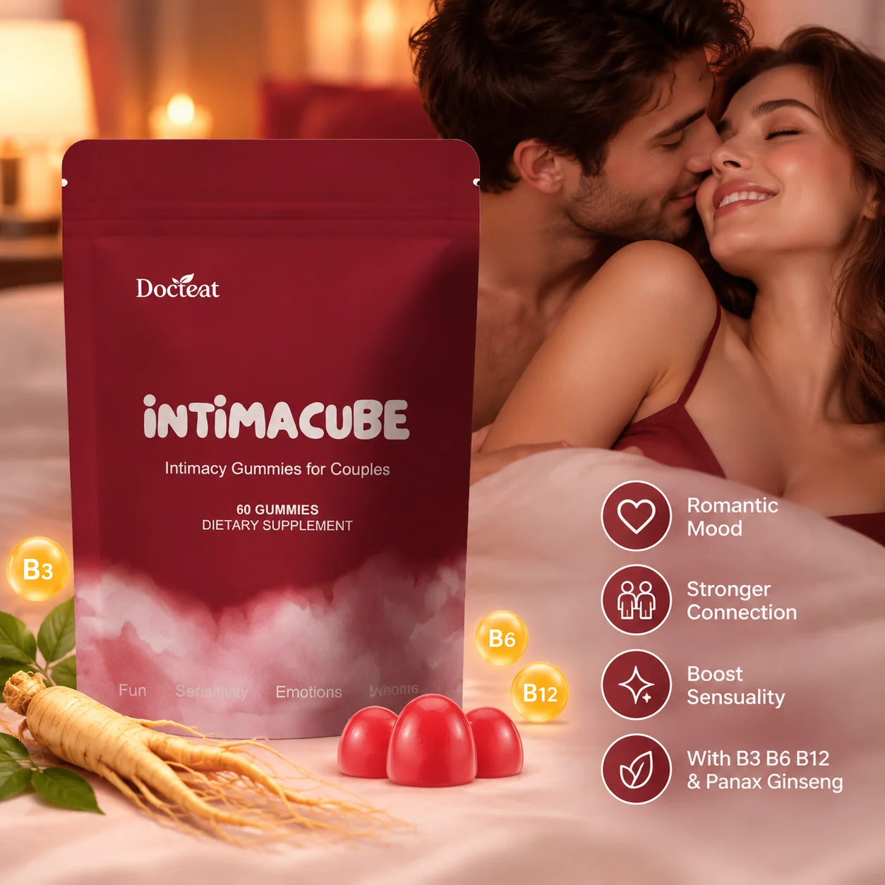 Intimacy Gummies for Couples, Romantic Mood & Date Night Connection with Vitamins B3 B6 B12 and Panax Ginseng 60 Gummies