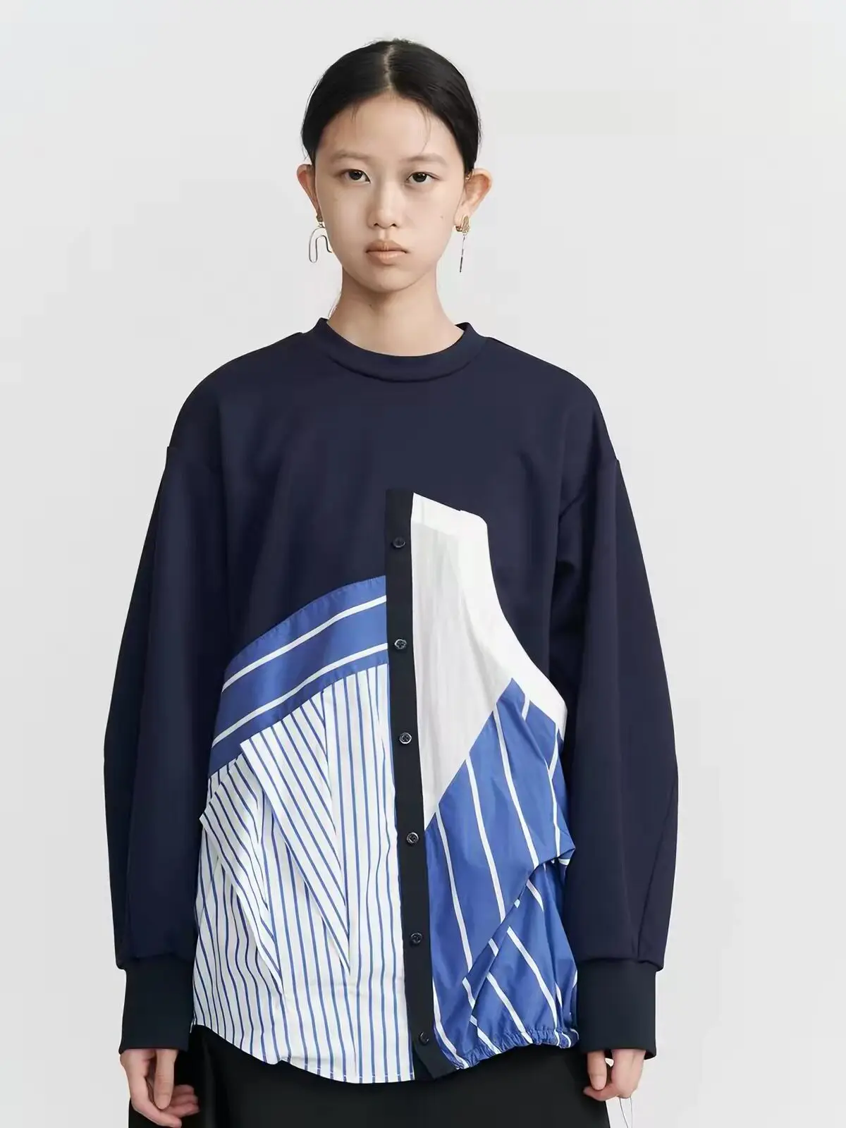 Autumn and Winter Long Sleeve Tops Splicing Striped Loose Sweatshirts Women's Casual Hoodies Crew Neck Pullover Femme