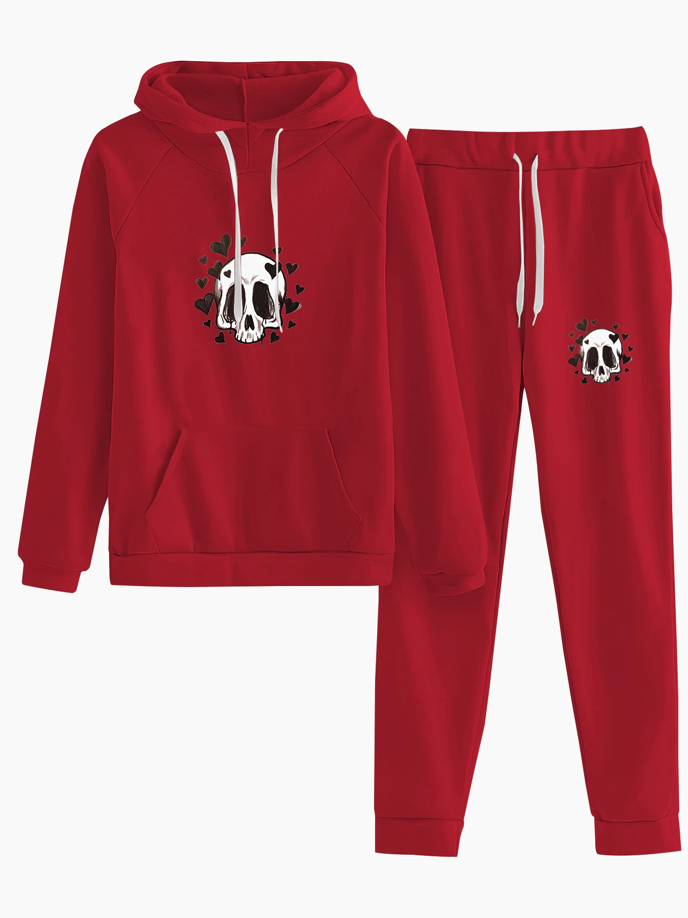 Heart-shaped skull print women's loose oversize hoodie and pants two-piece set, essential for autumn and winter, fleece-lined and thickened, hooded sweatshirt and sweatpants set, European and American trendy style for couples, long-sleeved regular fit, machine washable, durable, women's casual versatile set, warm, comfortable, windproof, slimming, fashionable and trendy for going out and commuting, practical and beautiful hooded design, sweatshirt and jogging pants two-piece set, women's clothing