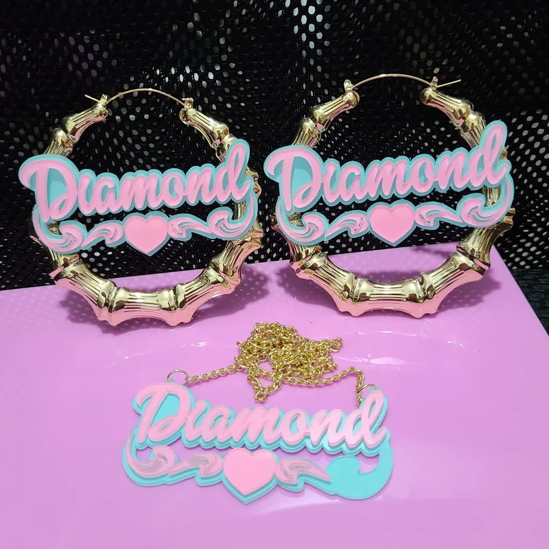 

Custmized Geometric Big Round Peach Heart Bamboo for Women Acrylic Name Earrings Personalized Stainless steel Jewelry Set Gifts