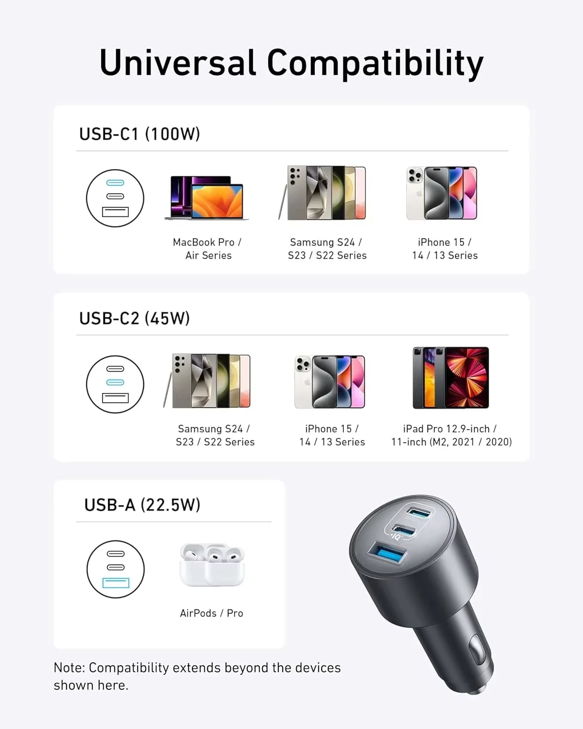 Anker USB-C Car Charger 167.5W Max with 3-Port Ultra-Compact Type-C Fast Phone Car Charger for iPhone 16