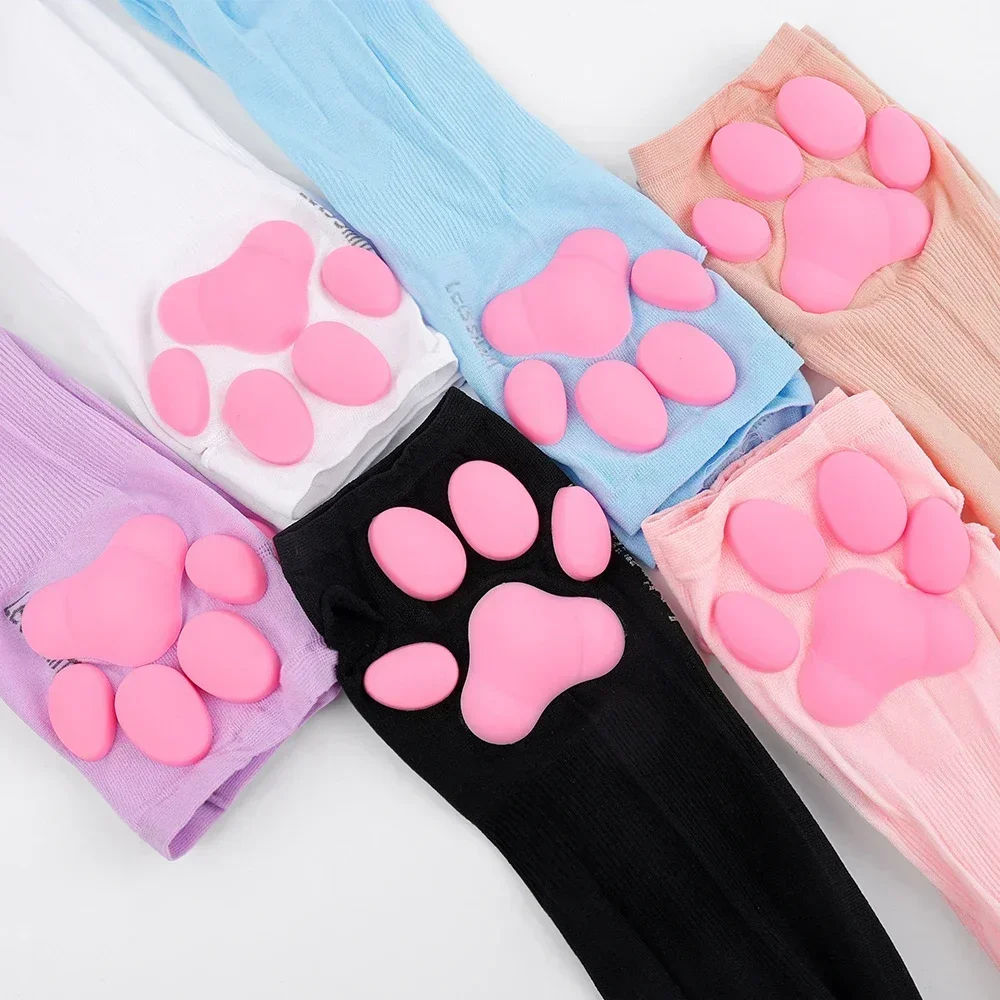 3D Silicone Pink Cat Claw Paw Pads Soft Fingerless Fluffy Sun Protection Cool Sleeves Cute Gloves Long Tube for Women Girl\'s