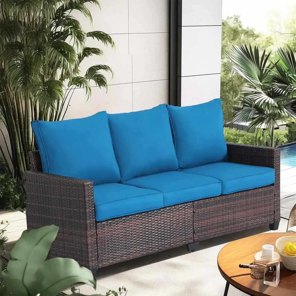 

Outdoor Patio Sofa, 3-Seat Rattan Wicker Couch for Garden Deck or Porch, Comfortable All-Weather Patio Furniture
