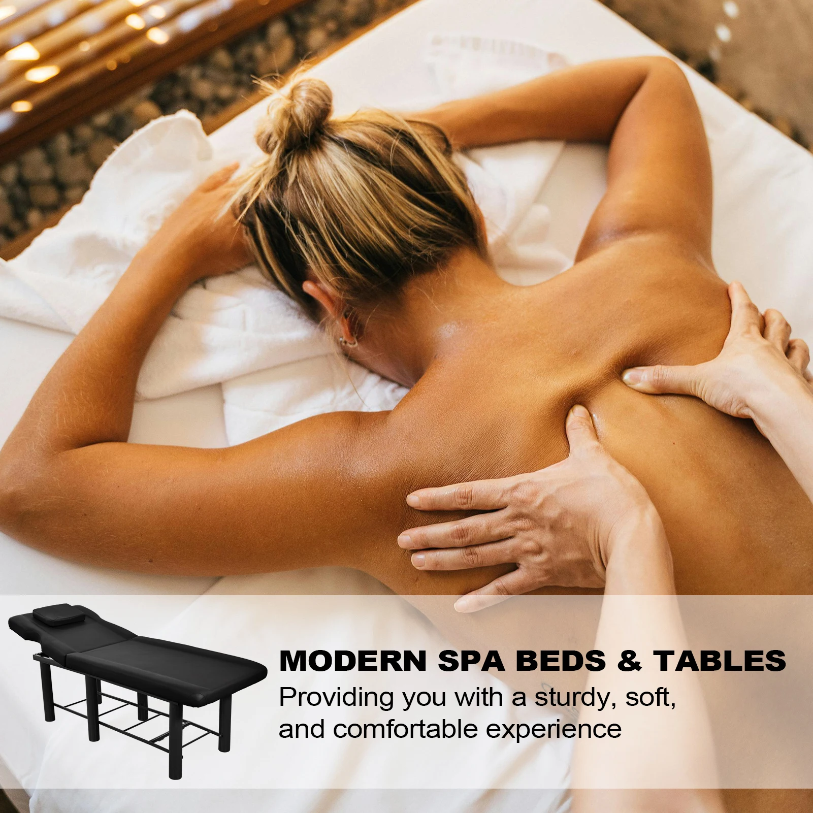 طاولة تدليك ثابتة، طاولة سبا مع مسند ظهر قابل للتعديل، سرير عالي التحمل، سرير شمع بسعة 440.9 رطل (أسود) #2