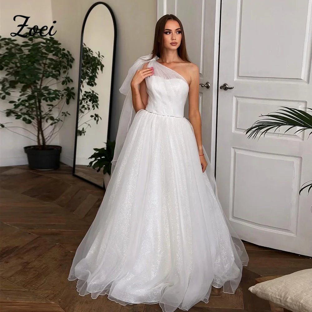 

Zoci Sweetheart Fairy Tulle Wedding Dresses One Shoulder Sleeveless A Line Bride Dress Customized Corset Back Long Bridal Gown