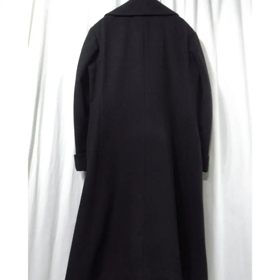 TOP-YAMAMOTO ® Simple black long trench coat for women, double-breasted lapel woolen overcoat