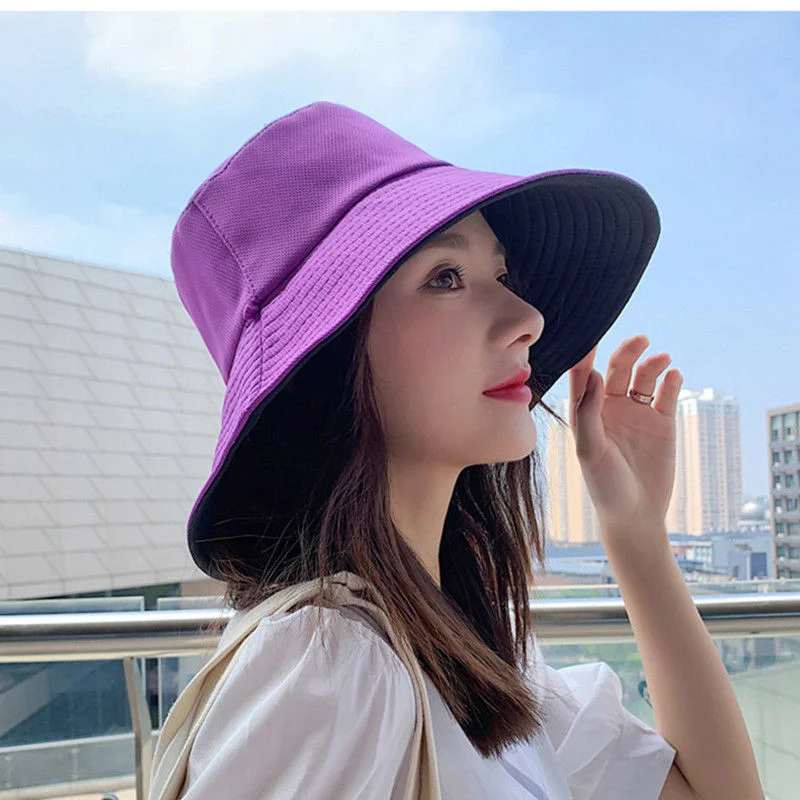 Summer Double-sided Bucket Hats Fashion Big Brim Foldable Solid Sun Hat Women Outdoor Beach Visor Caps Fisherman Cap for Travel