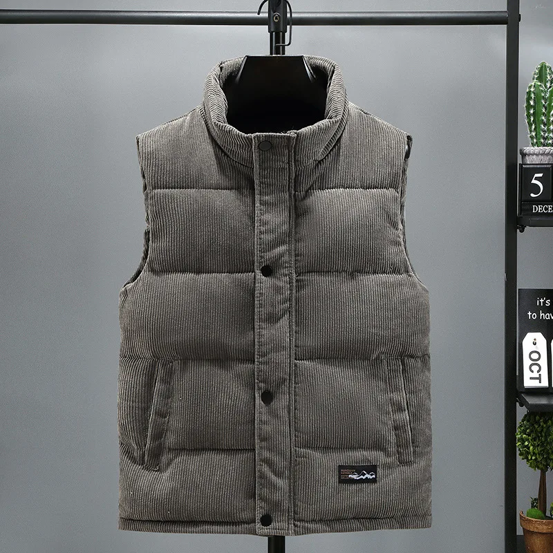 2024 New Vest Jacket Men\'s Autumn Winter Warm Sleeveless Coat Stand Collar Padded Waistcoat Corduroy Work Wear Male Clothes 5XL