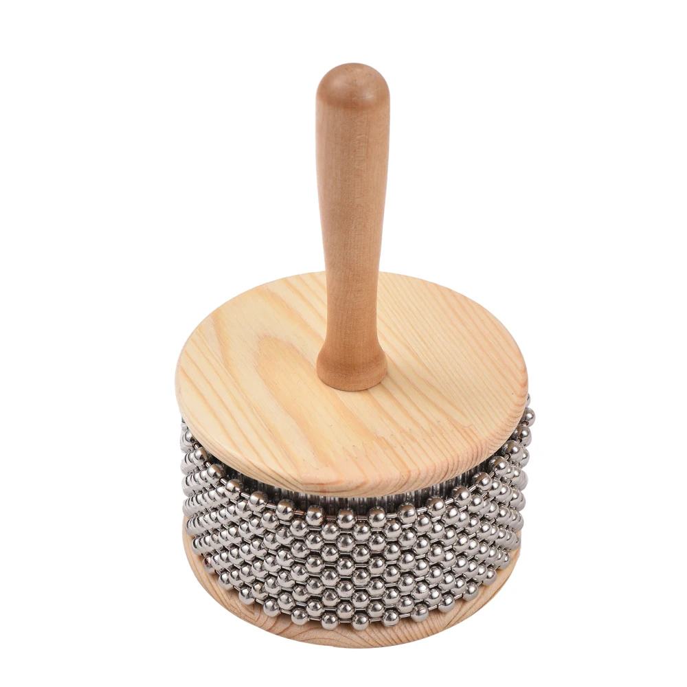 Wooden Cabasa Percussion Musical Instrument Metal Beaded Chain & Cylinder Pop Hand Shaker for Classroom Band Medium Size