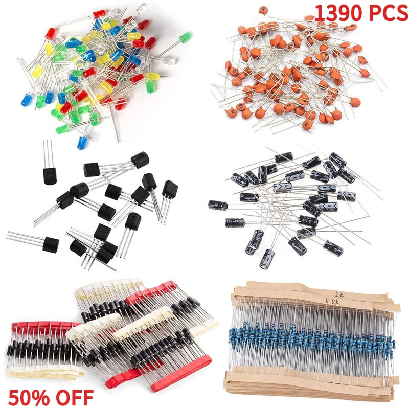 1390PCS Electronic Component Kit 6-in-1 Resistor Capacitor LED Diode Triode Ceramic Capacitor Assortment for Arduino DIY